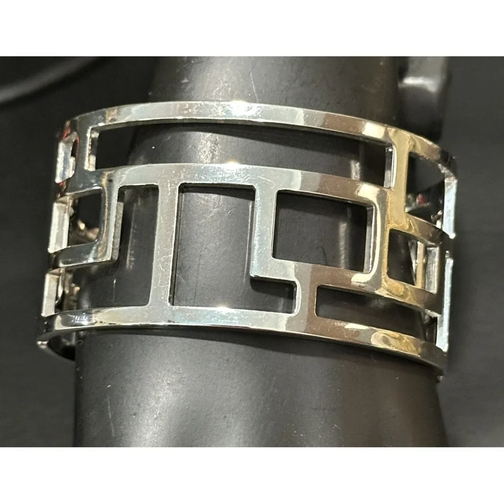 Silver Tone Geometric Openwork Clamper Bracelet Modern Architectural Statement
